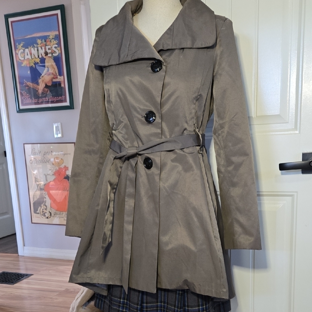 Steve Madden Swing Funnel Neck Trench Coat Gray Womens Small Petite EUC